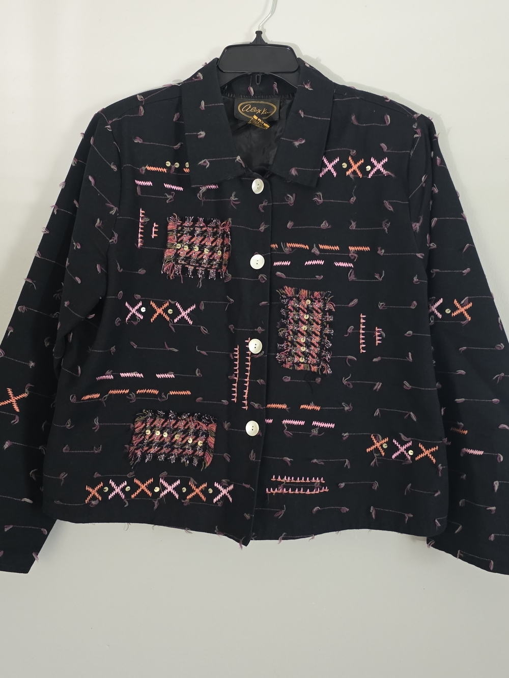 Vintage Alex Kim Patchwork Jacket Womens PXL Lined Artsy Wearable Art Boho 90s